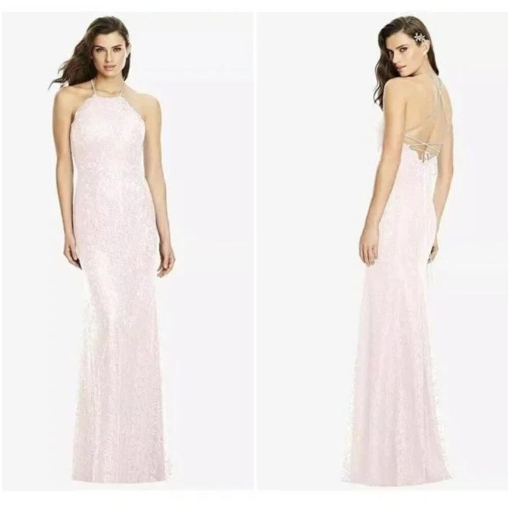 Dessy Collection NWT Halter Cross Back Marquis Lace Trumpet Blush Dress Size 0